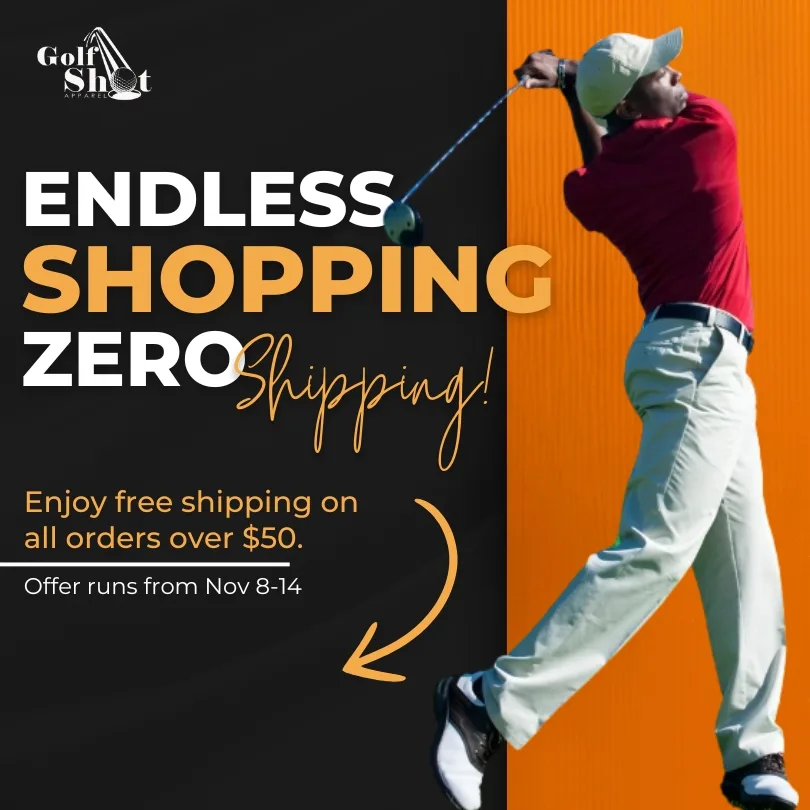 A person swings a golf club in the air, promoting free shipping on orders over $50 from Nov 8-14. Text reads