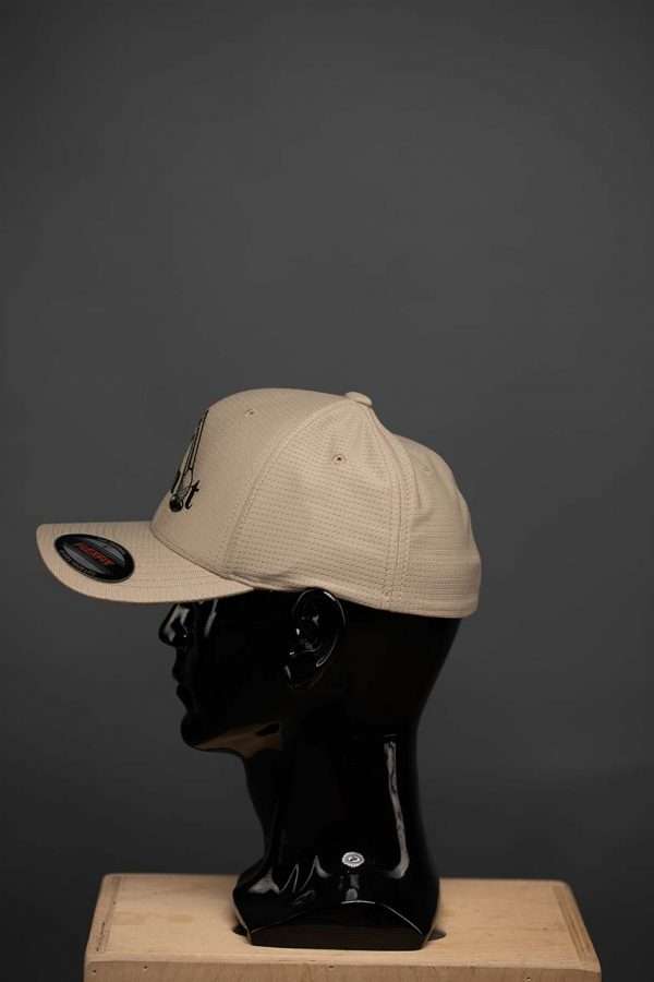 6572 Flexfit Hat Cool Dry Calocks Cap Khaki With Black Full Logo Side View 3 Flexfit Hat Cool & Dry Calocks Cap