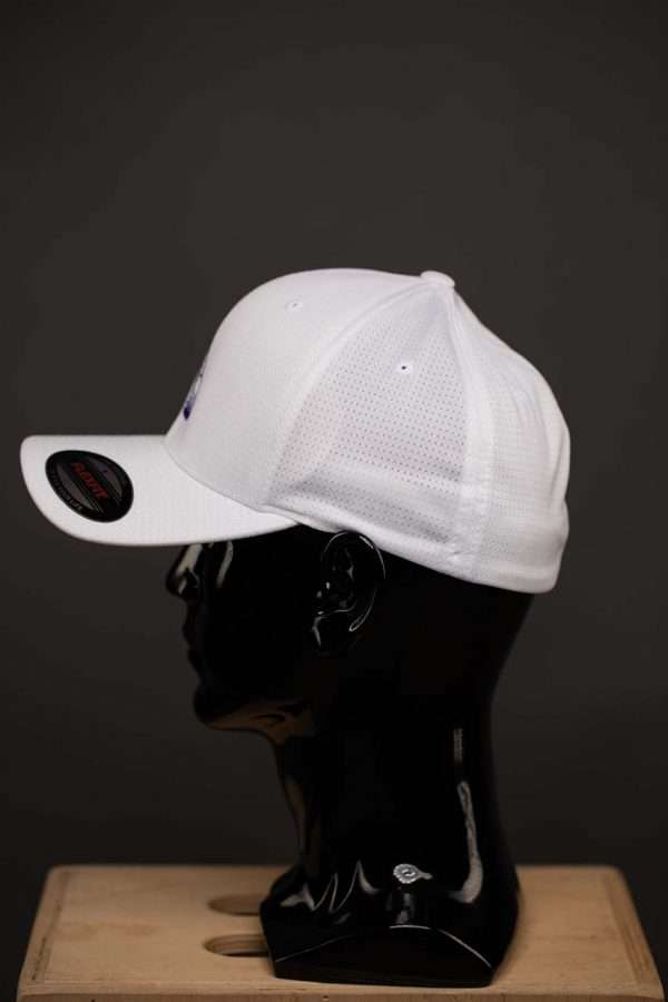 6572 Flexfit Hat Cool Dry Calocks Cap White With Purple Ball Logo Side View Flexfit Hat Cool & Dry Calocks Cap