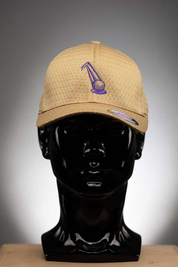 6777 Flexfit Hat Athletic Mesh Cap Gold With Purple Ball Logo Flexfit Hat Athletic Mesh Cap