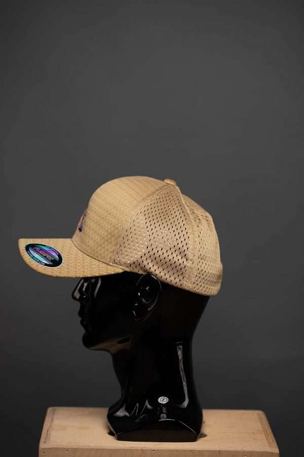 6777 Flexfit Hat Athletic Mesh Cap Gold With Purple Ball Logo Side View Flexfit Hat Athletic Mesh Cap