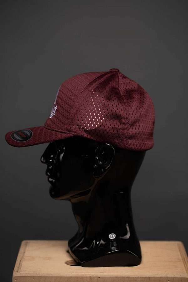 6777 Flexfit Hat Athletic Mesh Cap Maroon With Full Logo Sideview Flexfit Hat Athletic Mesh Cap