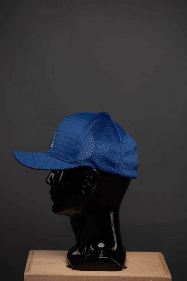 6777 Flexfit Hat Athletic Mesh Cap Royal With Yellow Ball Side View Flexfit Hat Athletic Mesh Cap