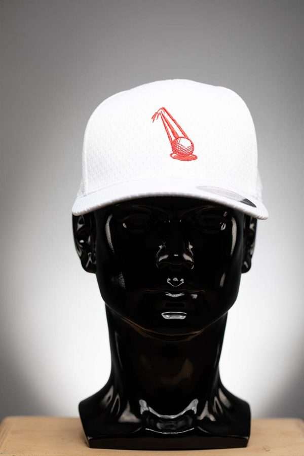 6777 Flexfit Hat Athletic Mesh Cap White With Red Ball Logo Flexfit Hat Athletic Mesh Cap