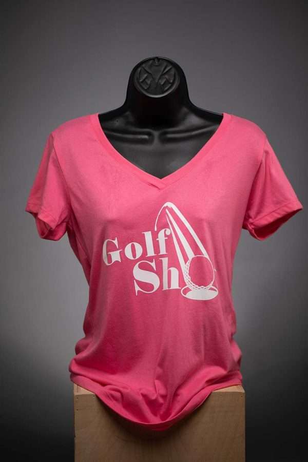 Ladies V Neck T Shirt Pink With White Full Logo Ladies T-Shirts