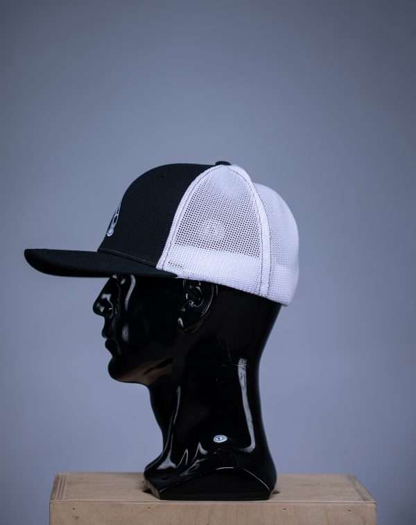 R Flex Trucker Mesh Golf Hat Black With White Ball Logo Side R-flex Trucker Mesh Golf Hat