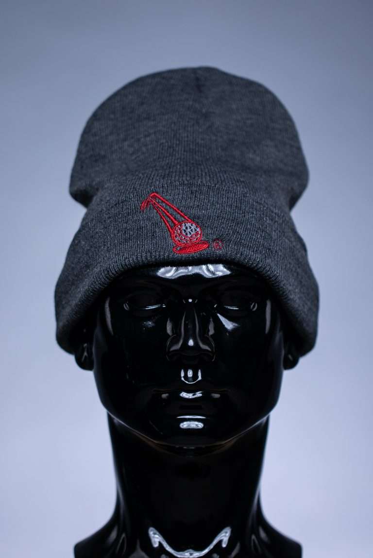 Beanies Gray With Red Logo Scaled Beanie