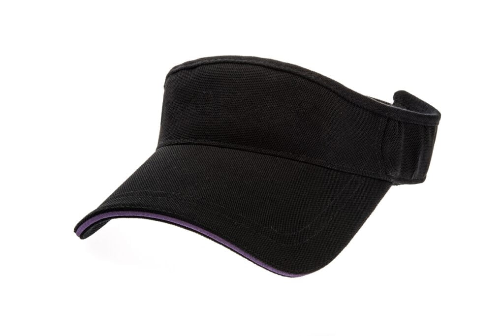 A black visor for golfers with purple trim.