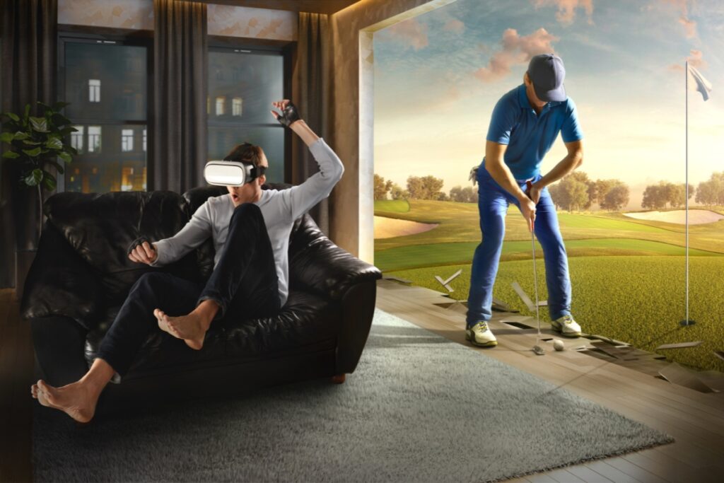 Two people playing modern golf in a living room.