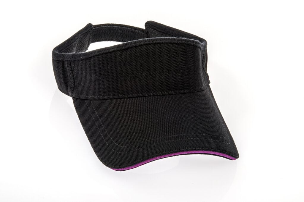 Black golf visor cap with an adjustable strap, displayed on a white background.