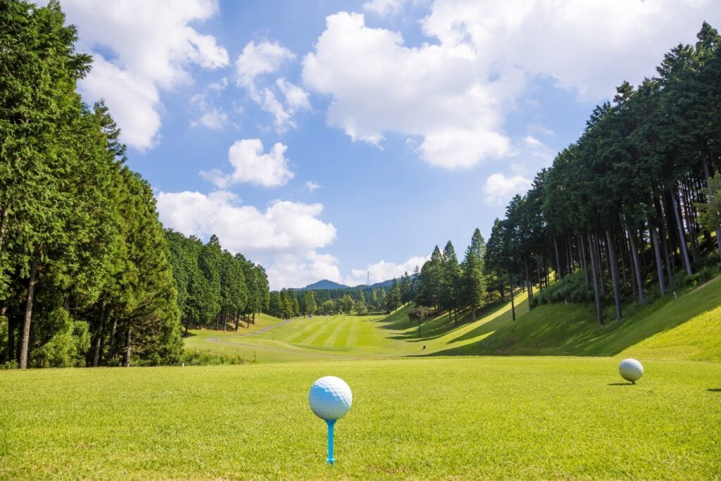 A premier golf travel destination, the tee box features two golf balls on tees, surrounded by lush green fairways and tall trees under a blue sky with scattered clouds.