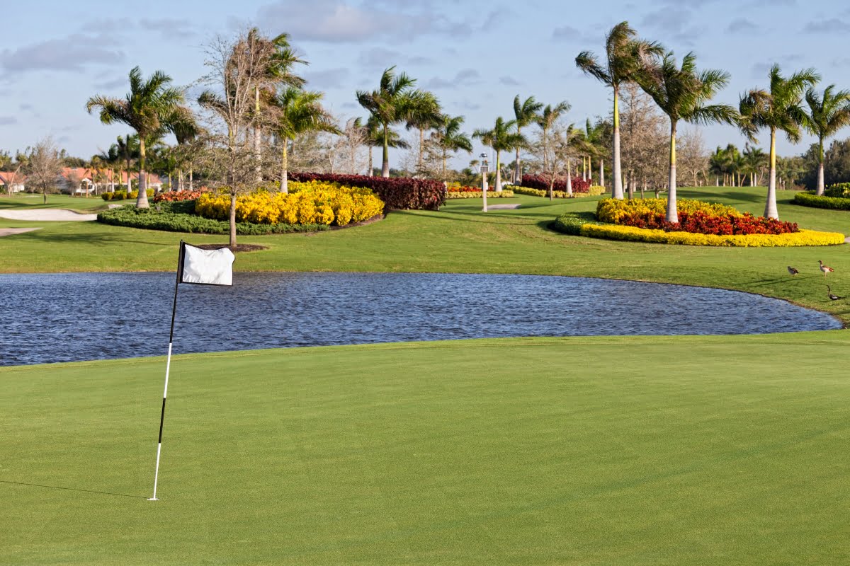 A golf course green with a flagstick in the foreground, bordered by a water hazard, palm trees, and landscaped flowers under a partly cloudy sky showcases impeccable golf course design.