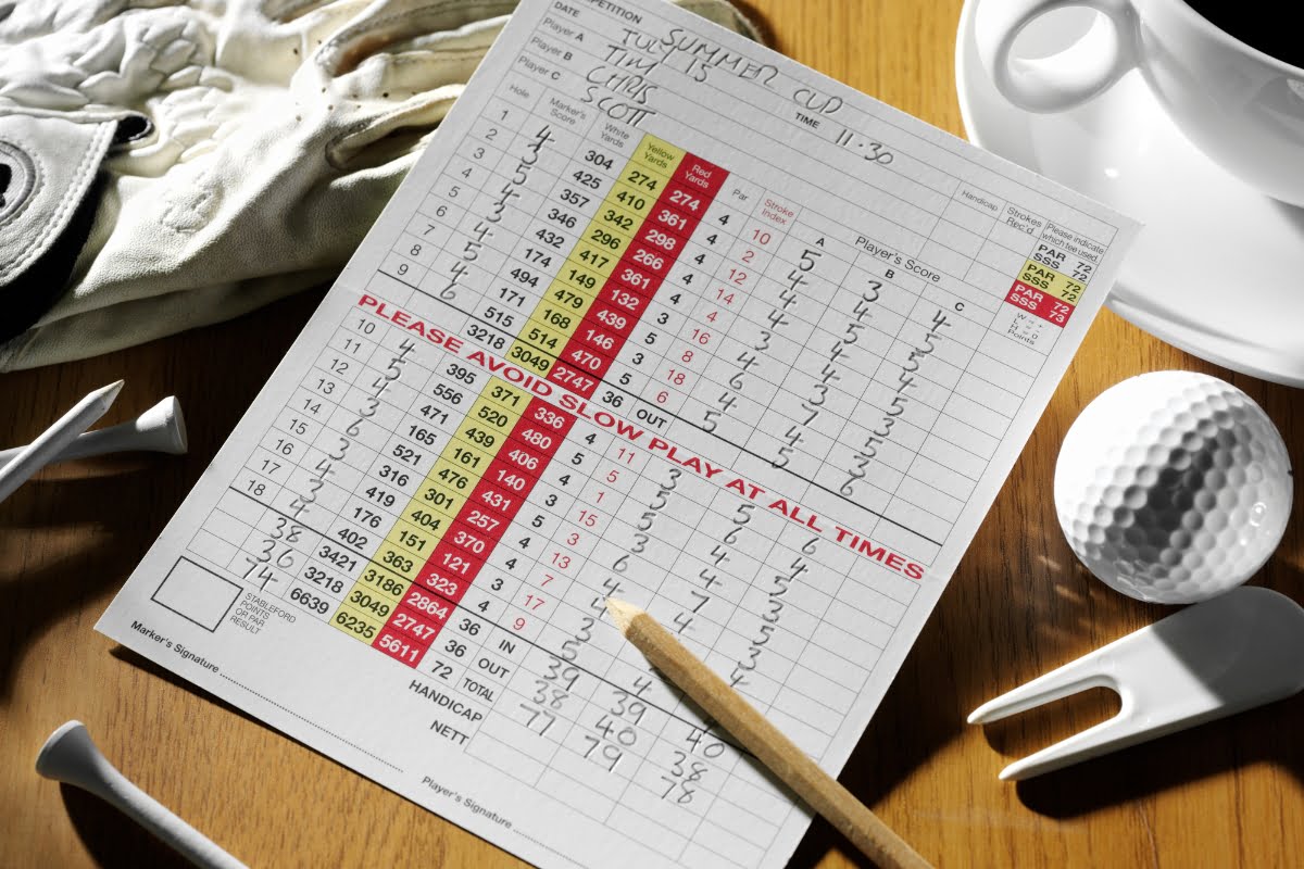 A filled-out golf scorecard with a pencil on a wooden table, accompanied by white golf gloves, a golf ball, tees, and a metal divot tool—perfect elements for refined golf home decor.