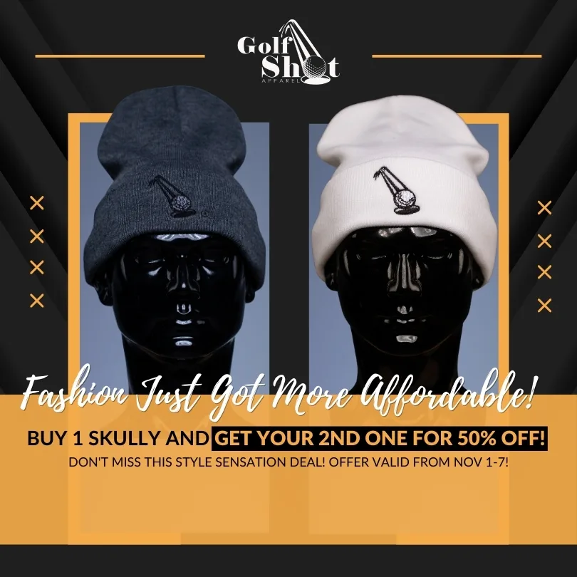 Two mannequin heads wearing gray and white beanies with a golf tee logo. Text advertises a buy one, get one 50% off deal on beanies from Nov 1-7.
