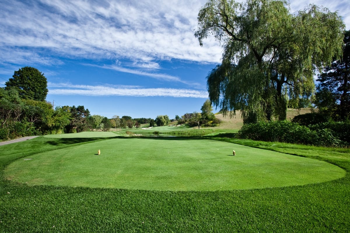 The sustainable golf course tee area basks in the sun, with clear skies and scattered clouds. Lush greenery and large trees flourish in the background, showcasing nature’s harmony.