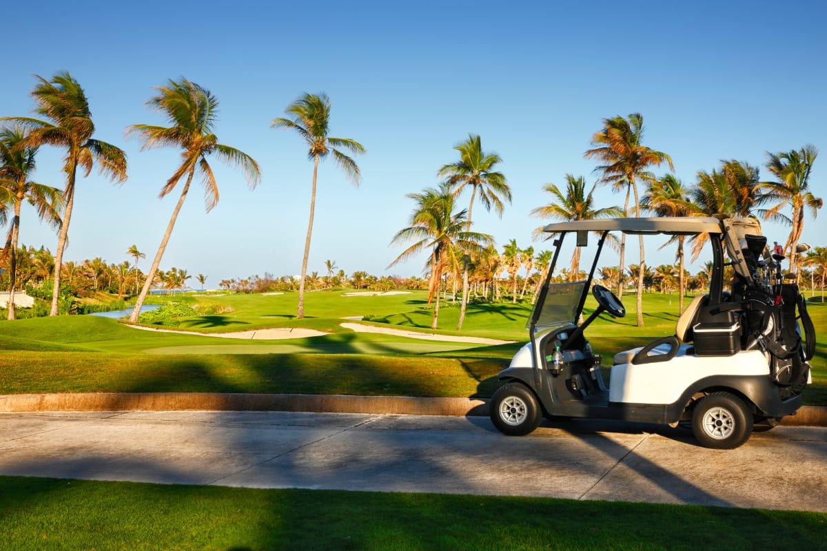 A golf cart is parked on a path next to a lush, sustainable golf course, with palm trees swaying under a clear blue sky.