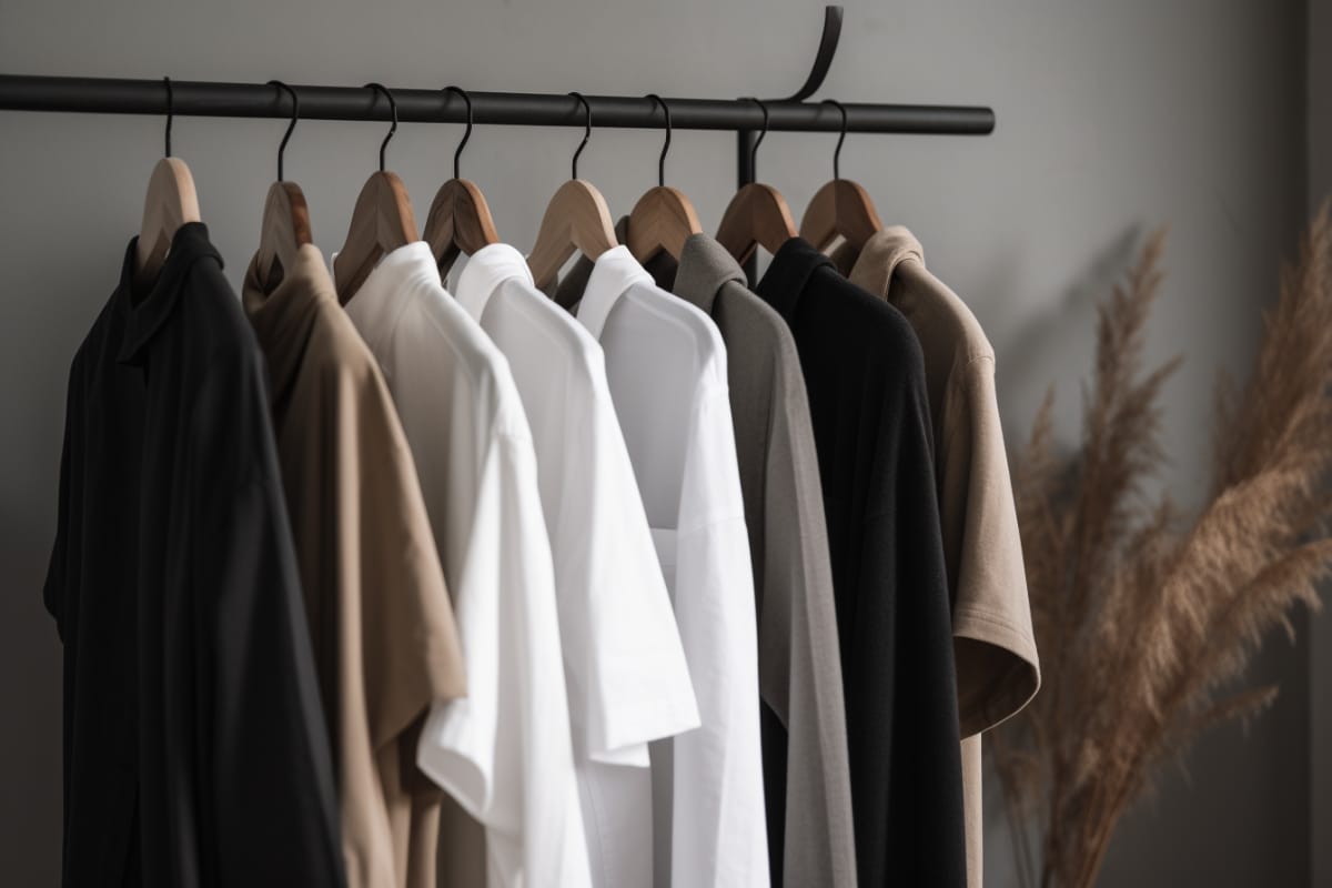 A row of neatly arranged t-shirts, reminiscent of professional golf attire, in various neutral shades on wooden hangers against a gray wall, with dried pampas grass subtly gracing the background.