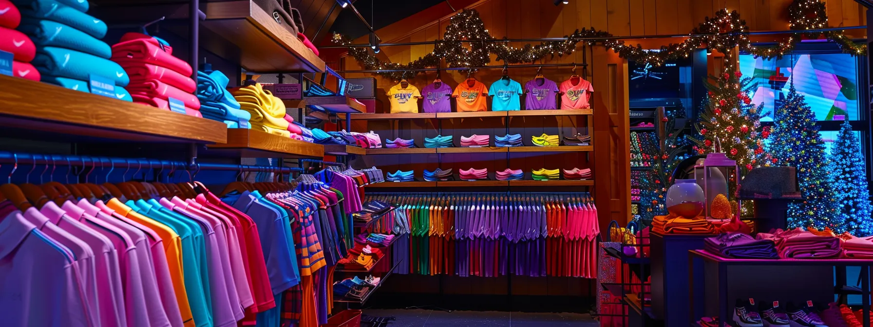 a vibrant display of colorful golf apparel items neatly arranged on a festive holiday theme background.