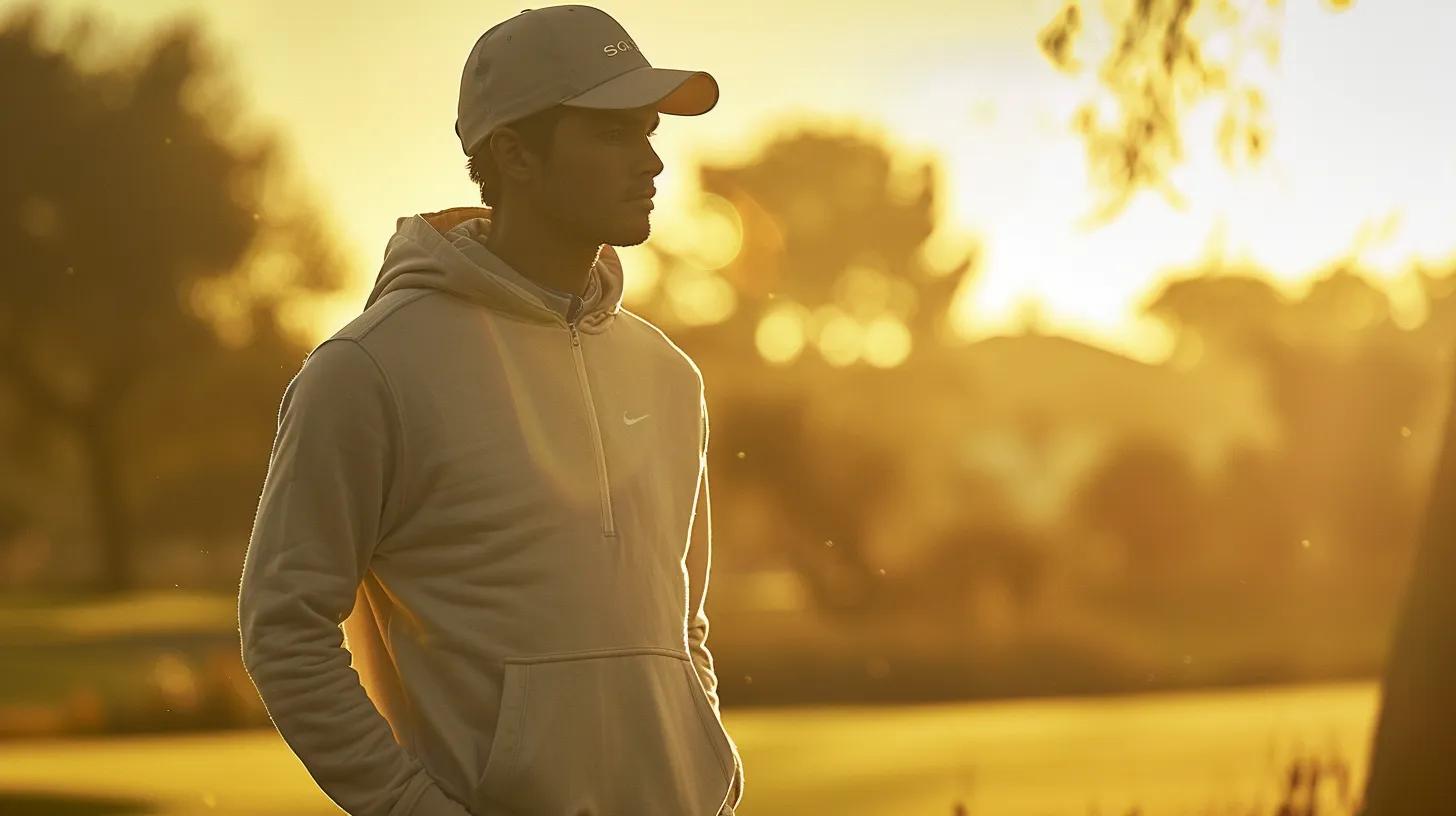 a stylish golfer confidently dons a sleek, modern hoodie, seamlessly transitioning from the lush green fairway to a vibrant urban setting, bathed in warm golden hour light.