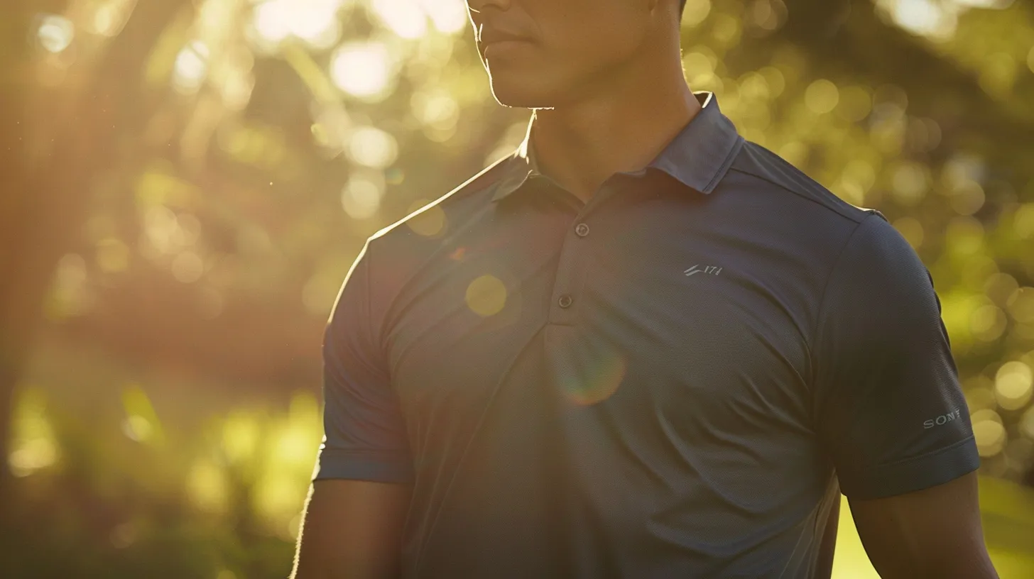 A close-up of a golfer in a moisture-wicking polo, sunlight highlighting the breathable texture. The golfer is mid-swing on a sunny course, looking focused and comfortable.