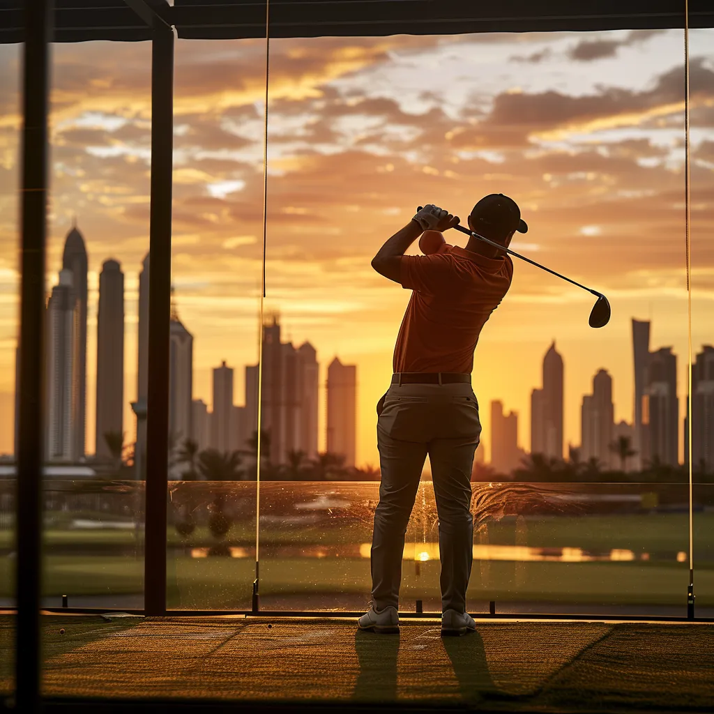 a dynamic golfer in a sleek, vibrant polo shirt stands confidently on a modern driving range, hitting a ball with precision as the sun sets behind a stylish city skyline.