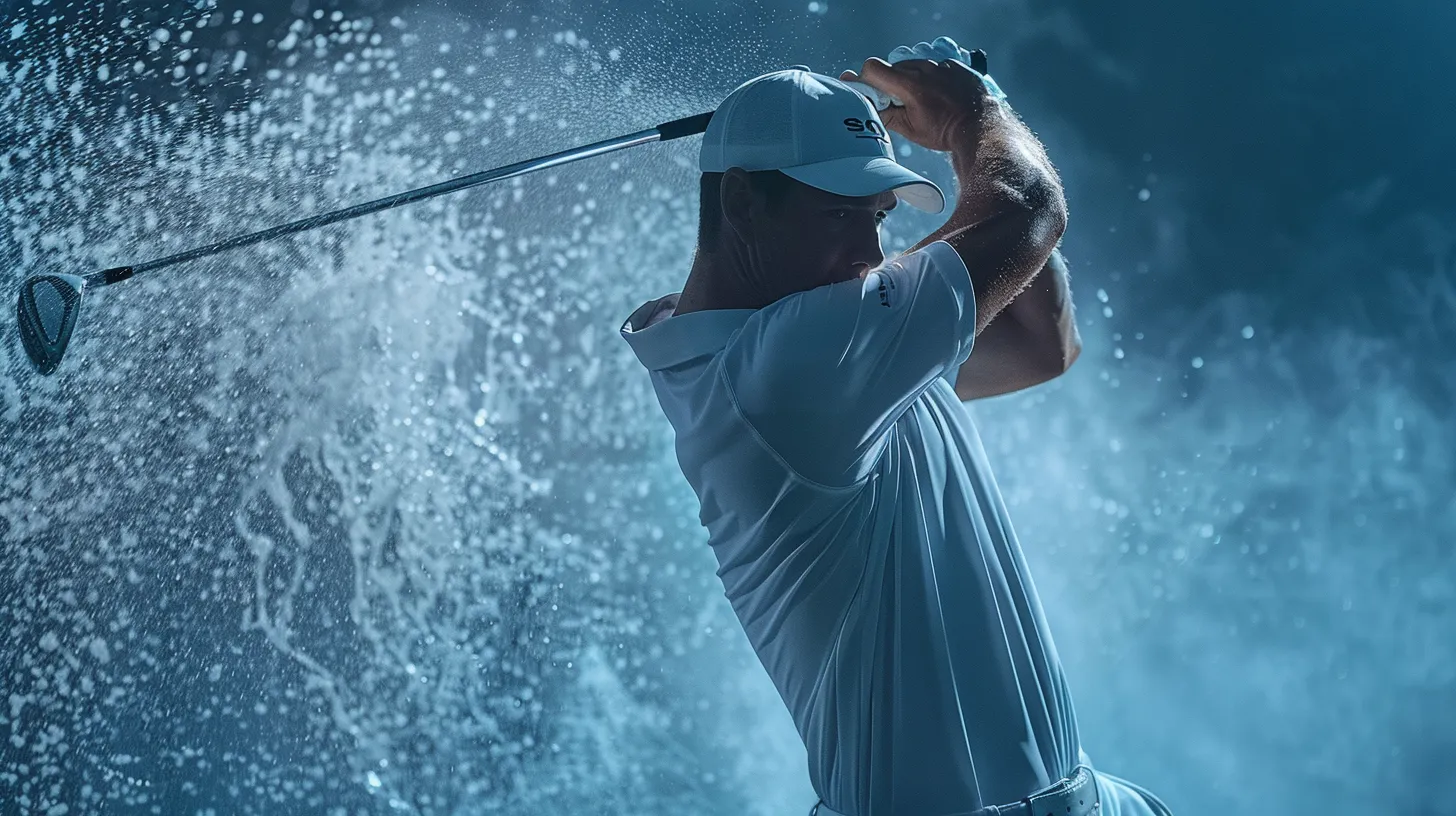 A golfer in a dynamic follow-through pose, wearing a stretchy performance polo that moves seamlessly with their body.