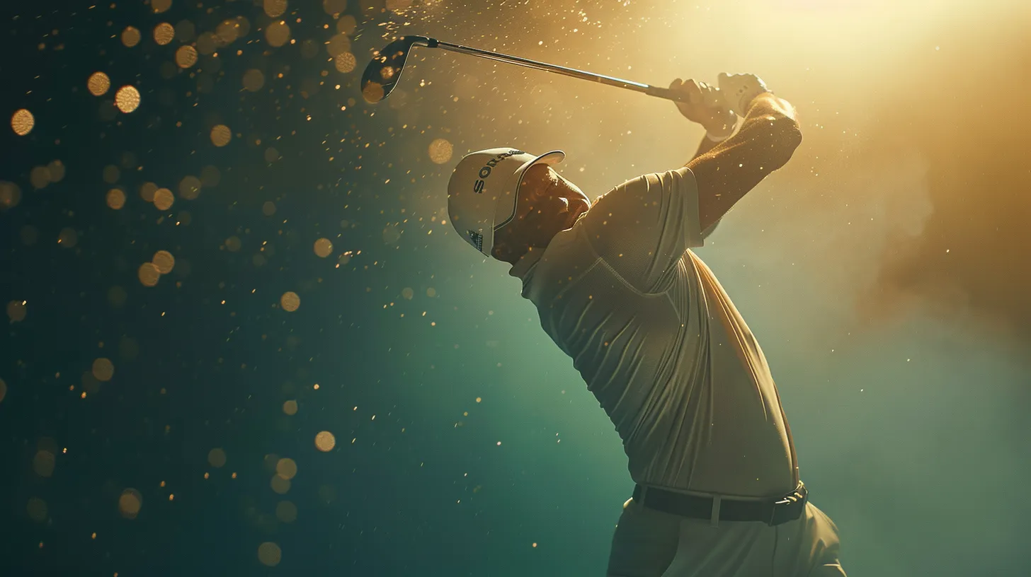 A golfer in a dynamic follow-through pose, wearing a stretchy performance polo that moves seamlessly with their body. The fabric should look flexible but structured, with no wrinkles or tightness.
