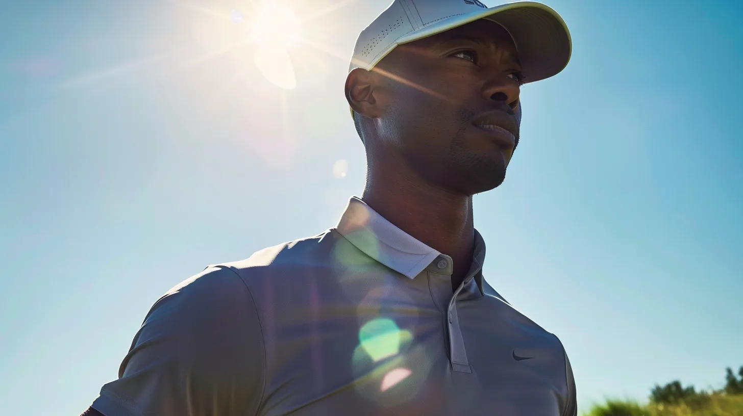 A golfer wearing a sleek, UV-protective polo under bright sunlight, with a subtle shimmer effect on the fabric to imply sunblock technology. The background is a lush green golf course with a clear blue sky.