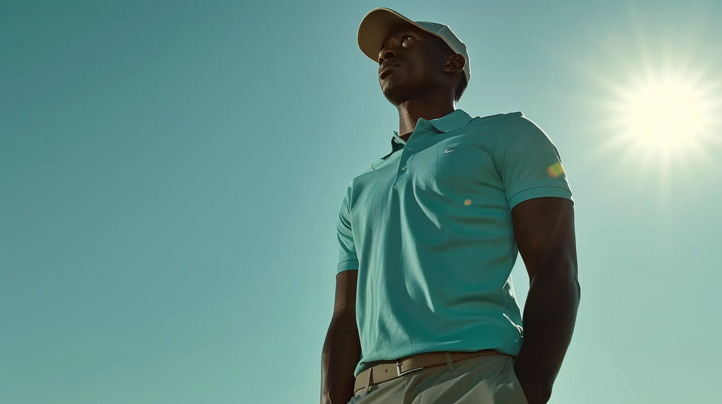 A golfer wearing a sleek, UV-protective polo under bright sunlight, with a subtle shimmer effect on the fabric to imply sunblock technology. The background is a lush green golf course with a clear blue sky.