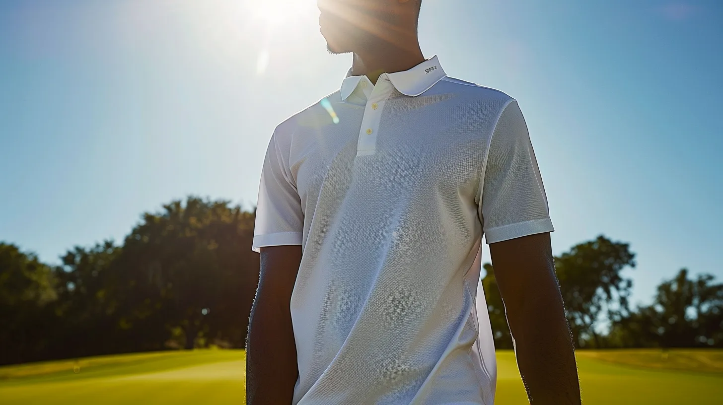 A golfer wearing a sleek, UV-protective polo under bright sunlight, with a subtle shimmer effect on the fabric to imply sunblock technology. The background is a lush green golf course with a clear blue sky.