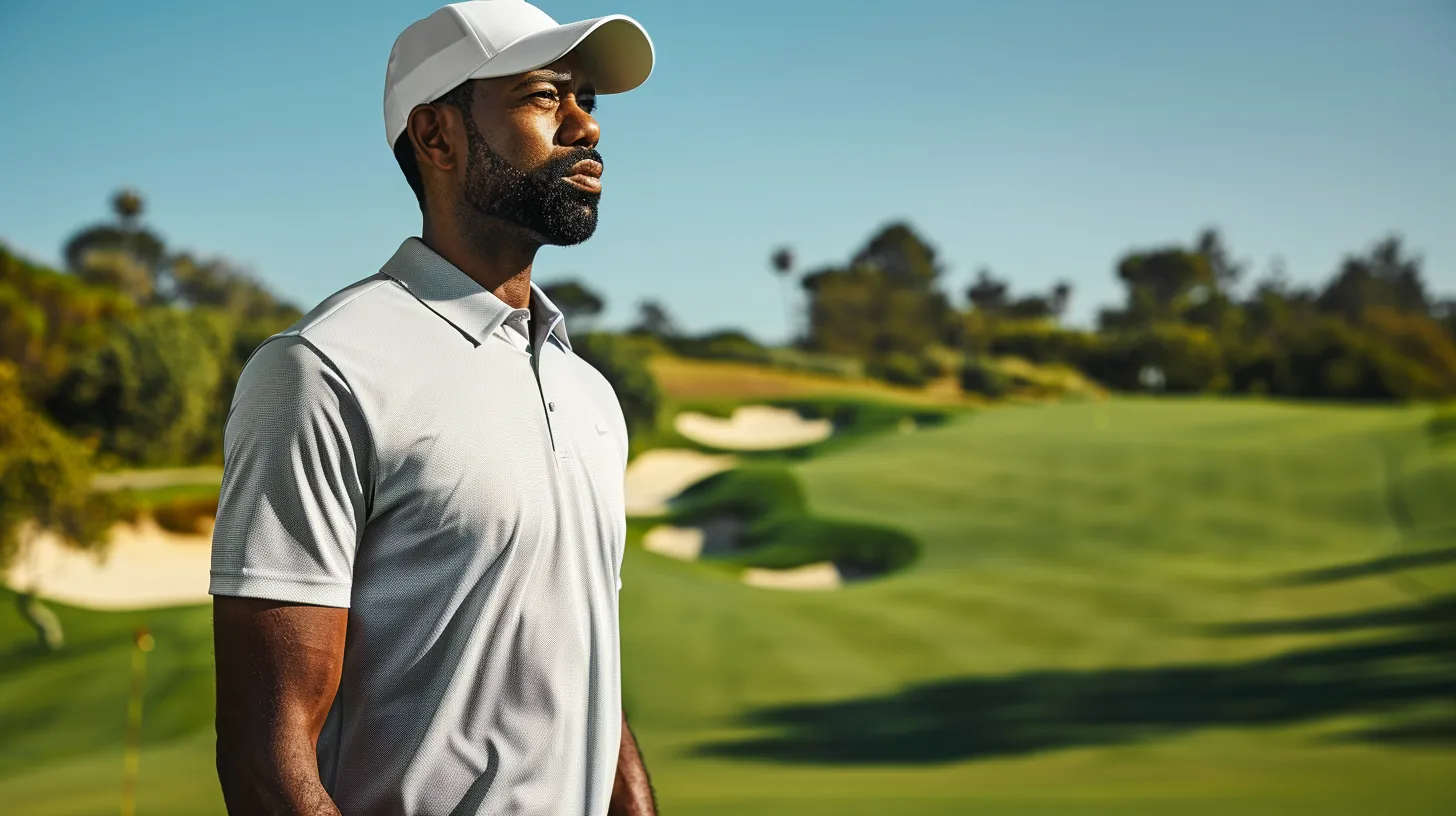 A golfer wearing a sleek, UV-protective polo under bright sunlight, with a subtle shimmer effect on the fabric to imply sunblock technology. The background is a lush green golf course with a clear blue sky.