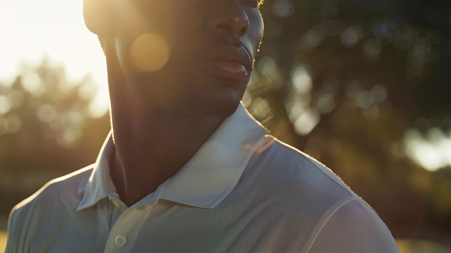 A close-up of a golfer in a moisture-wicking polo, sunlight highlighting the breathable texture. The golfer is mid-swing on a sunny course, looking focused and comfortable.