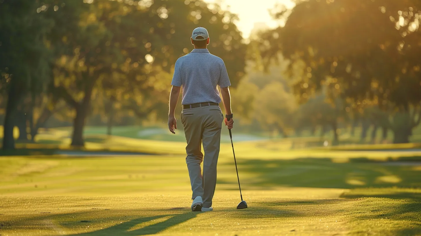 A golfer walking toward the camera in a sharp, well-fitted performance polo, exuding confidence. The polo’s color pops against the green course, and their posture is strong.