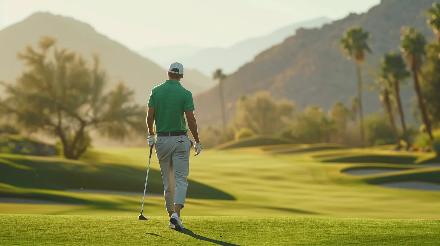 A golfer walking toward the camera in a sharp, well-fitted performance polo, exuding confidence. The polo’s color pops against the green course, and their posture is strong.