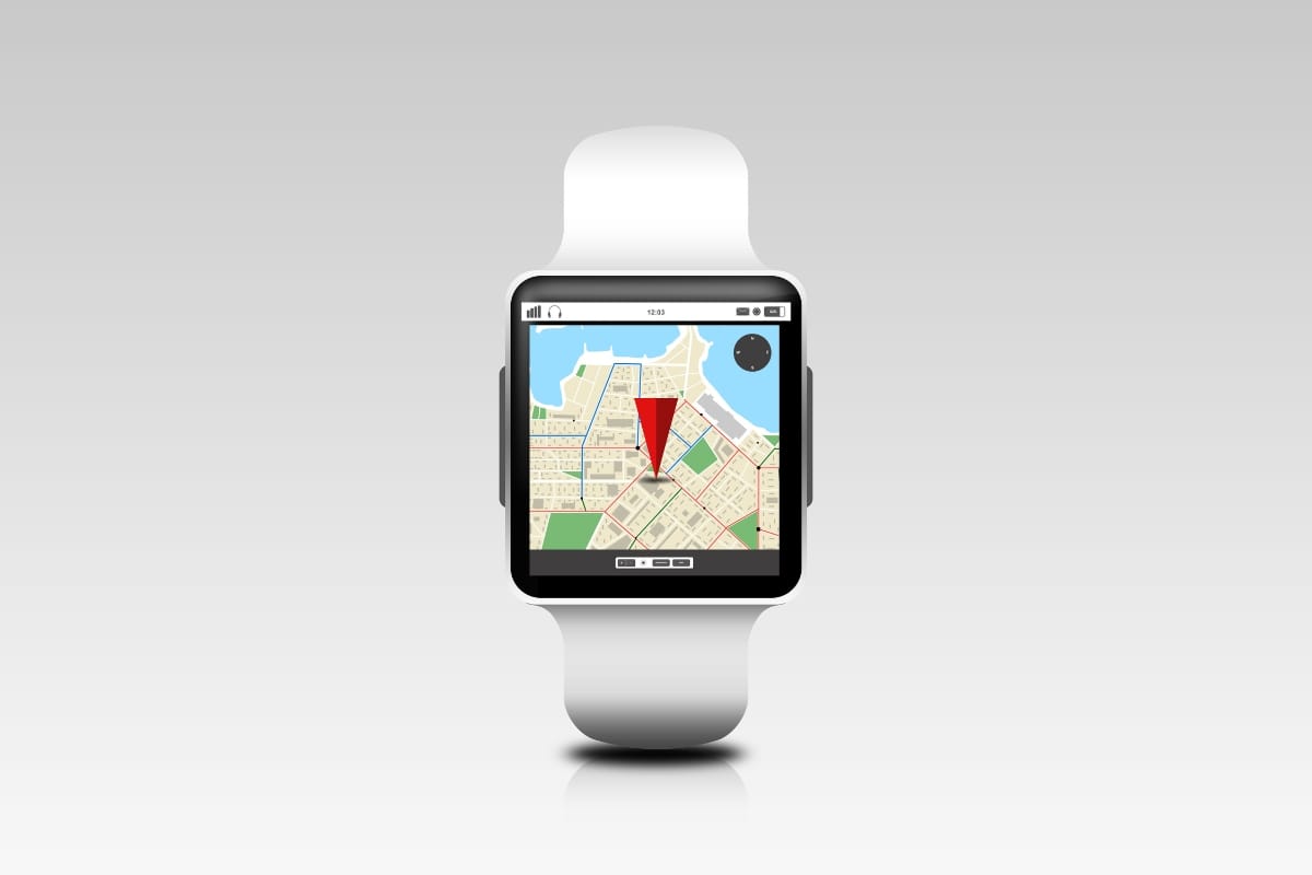 A white smartwatch, perfect for golf accessories enthusiasts, displays a digital map with a red location marker on its screen against a light gray background.