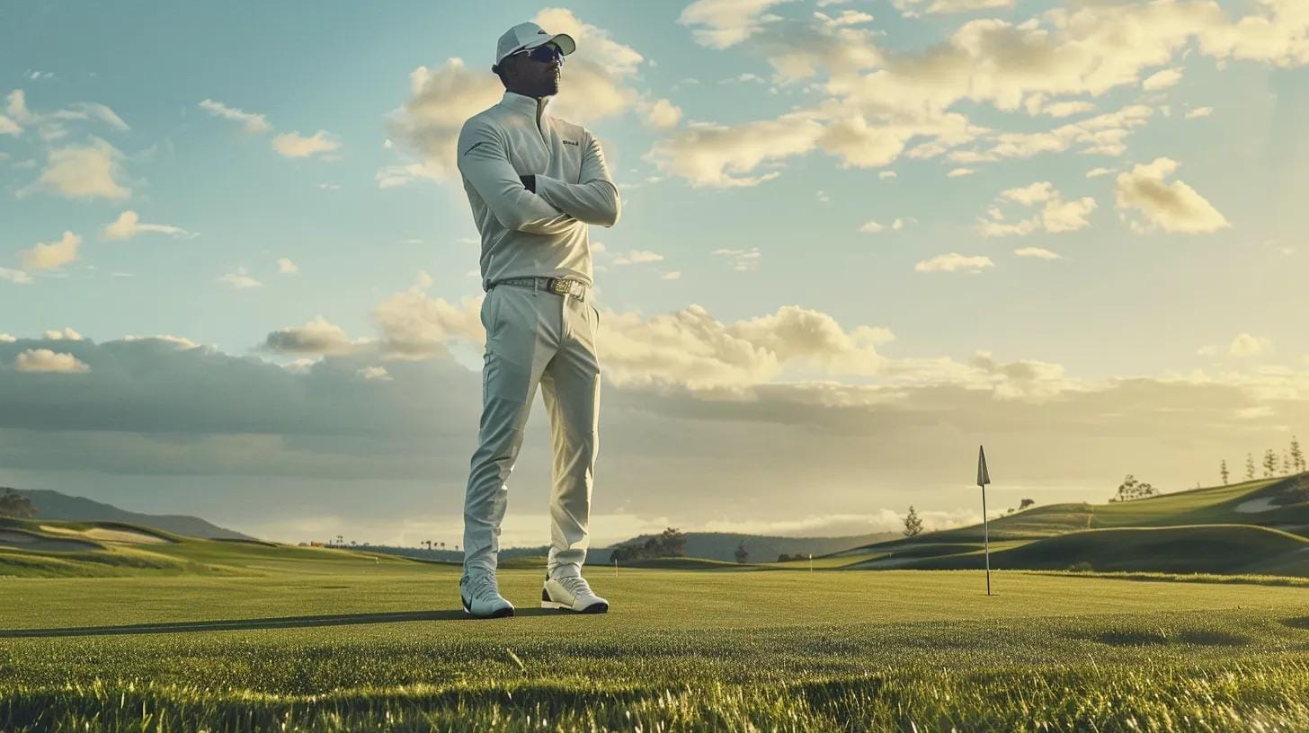 a golfer dressed in sleek, high-tech attire stands confidently on a modern golf course, showcasing the innovative stretch fabrics and performance features designed for optimal comfort and adaptability in challenging weather conditions.