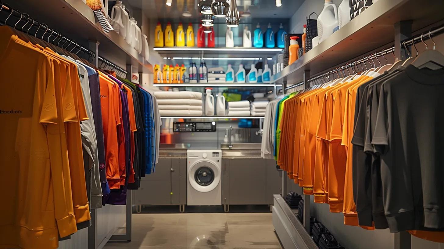 a modern laundry room features neatly organized golf apparel hanging on drying racks, illuminated by bright overhead lights, with a vibrant array of detergent bottles and a washing machine in the backdrop, emphasizing the importance of proper garment care for optimal performance and longevity.