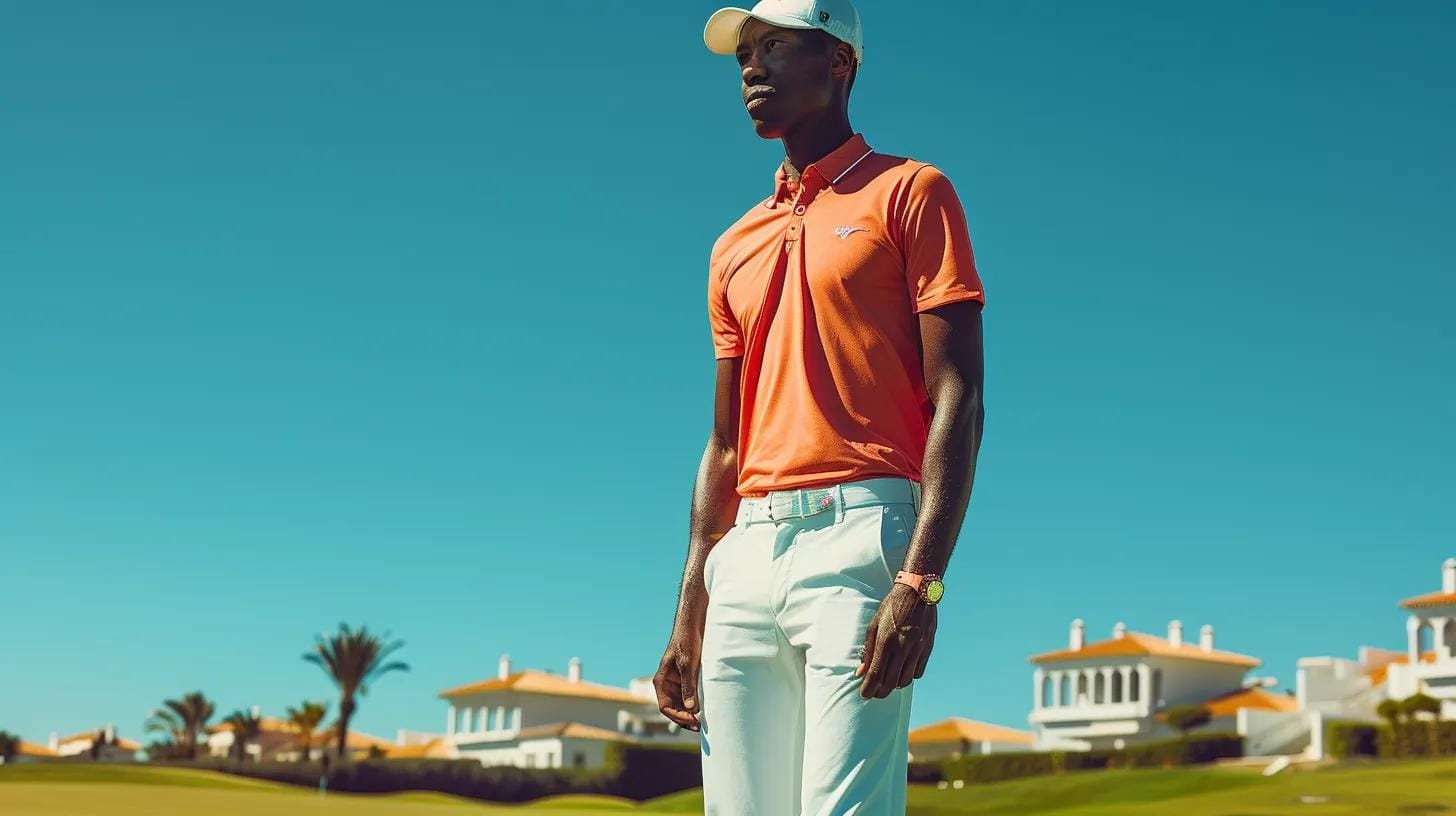 a stylish golfer stands confidently on a contemporary golf course, showcasing a vibrant, lightweight summer golf outfit, with sleek urban-inspired design elements and a backdrop of gleaming clubhouse architecture under a clear blue sky.