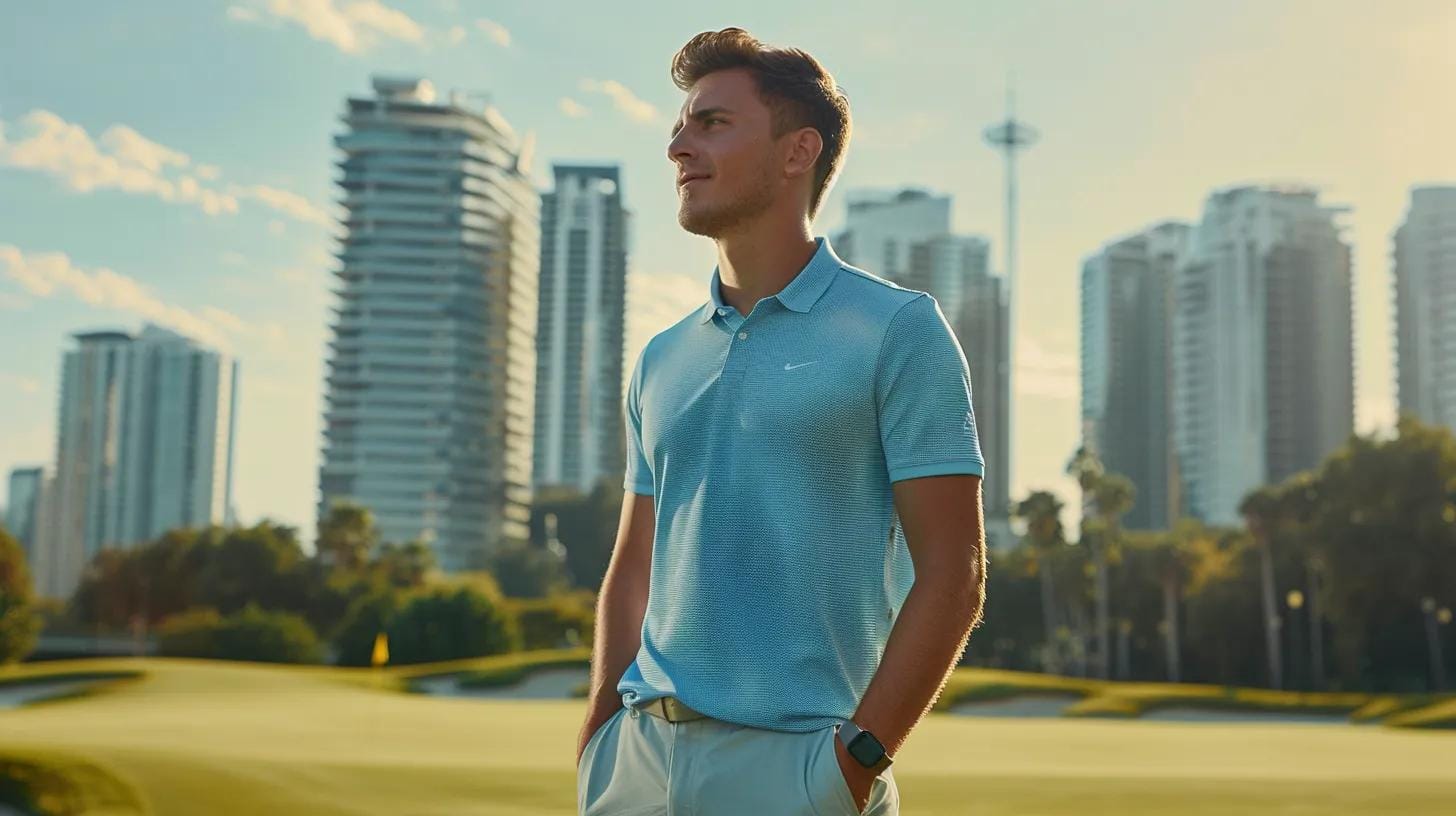 a stylishly dressed male golfer stands confidently on a pristine driving range, showcasing a crisp, moisture-wicking polo shirt paired with tailored shorts, under an urban skyline backdrop that highlights a modern golf facility.