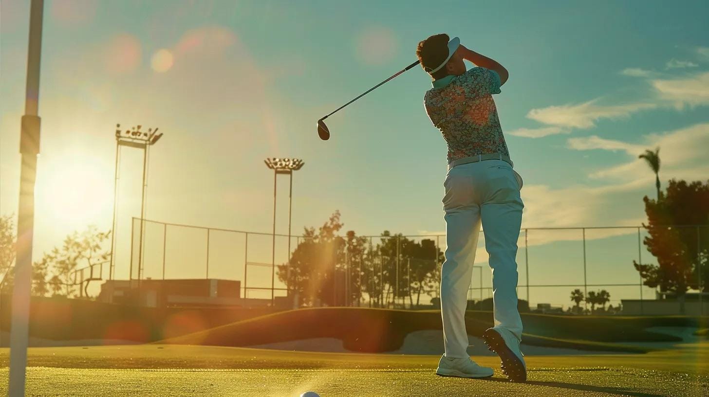 a dynamic golf player on a sunlit driving range showcases a moisture-wicking golf shirt, capturing the essence of advanced performance and style in an energetic, athletic setting.
