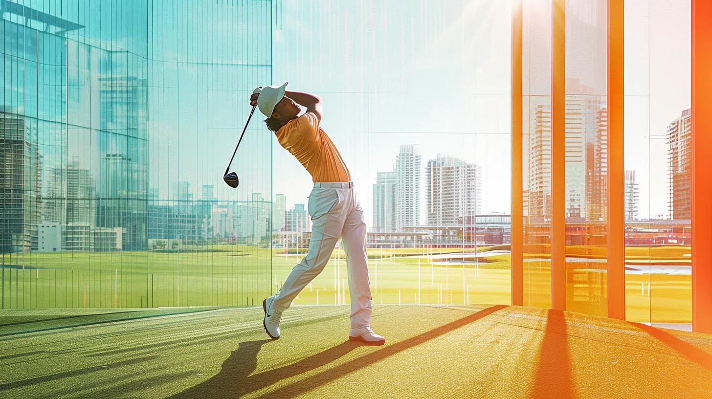 a dynamic urban golf course scene captures a golfer in a sleek moisture-wicking shirt, poised for a swing, showcasing the shirt's athletic design while surrounded by modern cityscape elements.