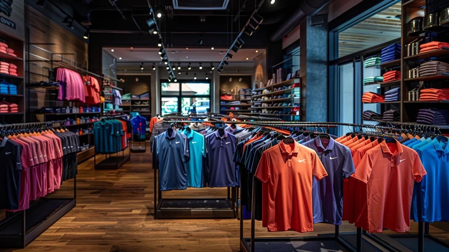 a sleek, modern golf shop interior showcases a range of vibrant moisture-wicking golf shirts displayed on stylish racks, highlighting their performance-enhancing features against a backdrop of polished wooden floors and bright, focused spotlights.