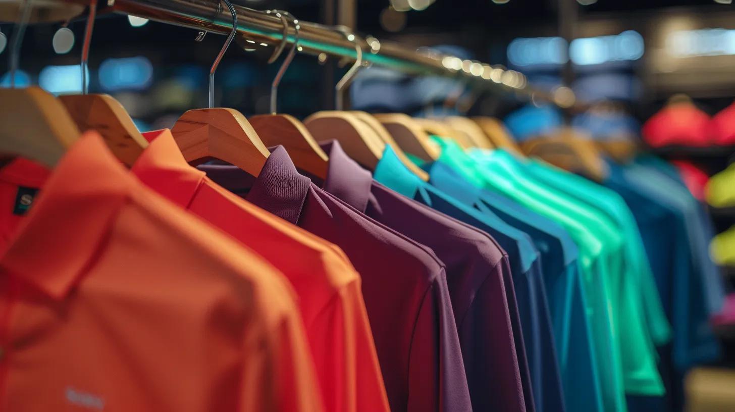 a stylish display of moisture-wicking golf shirts neatly arranged on sleek wooden hangers in a modern retail store, showcasing vibrant colors and technical fabric details under bright, focused lighting.