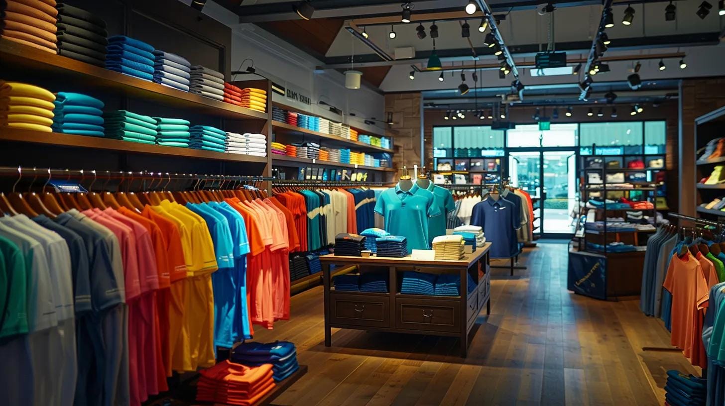 an organized retail display showcases a variety of stylish moisture-wicking golf shirts in vibrant colors and technical fabrics, set against a sleek, modern backdrop of a well-lit sports apparel store.