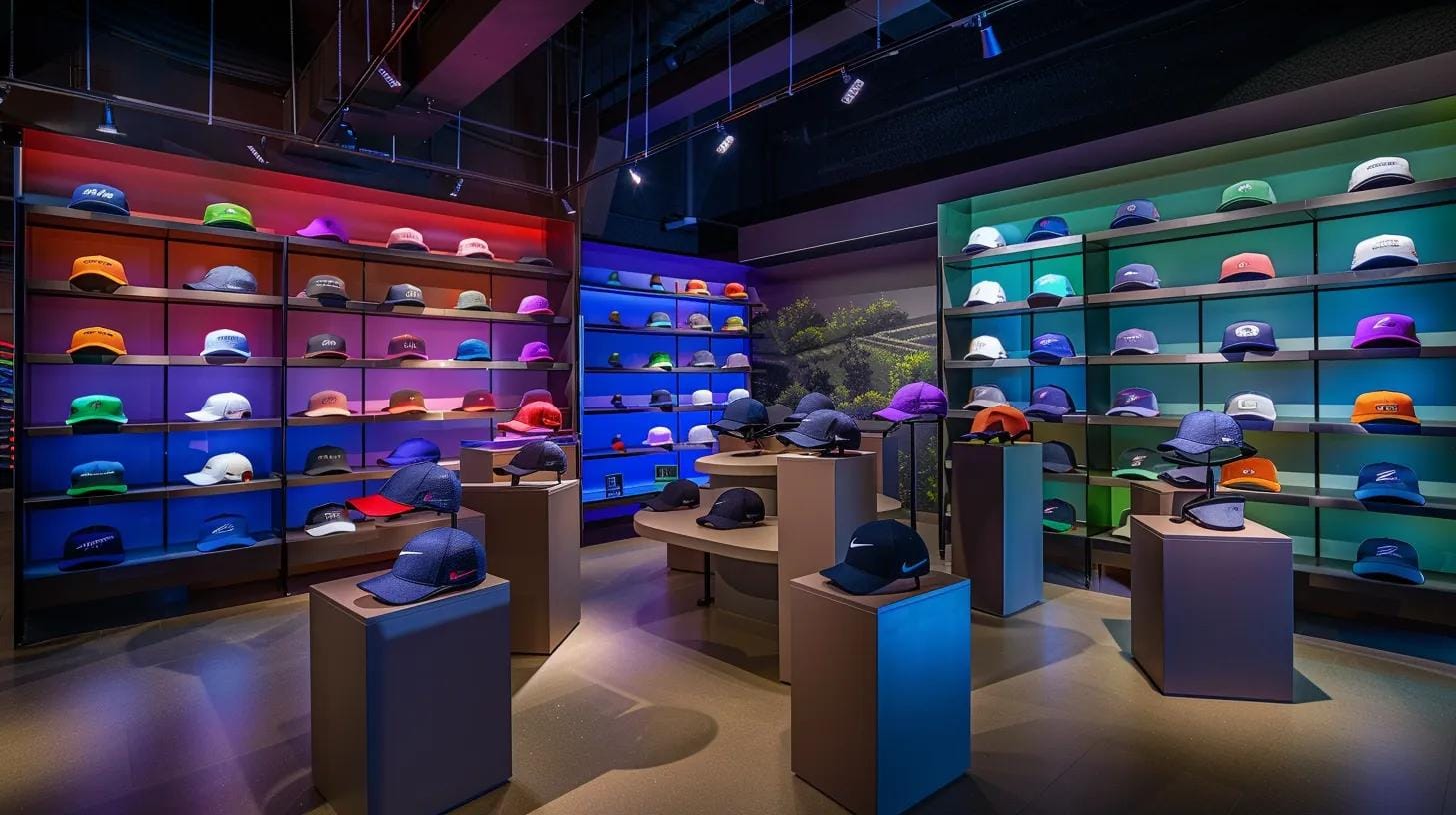 a dynamic indoor golf studio showcases a variety of stylish and protective visors displayed on sleek, modern pedestals with dramatic lighting highlighting their vibrant colors and designs, emphasizing both fashion and functionality for avid golfers.