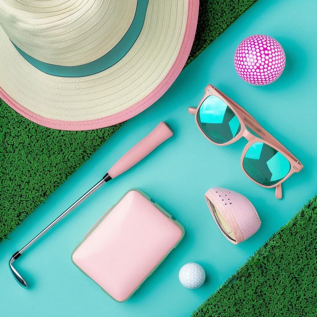 Flat lay of women's golf accessories including a hat, sunglasses, and sunscreen on a golf course background