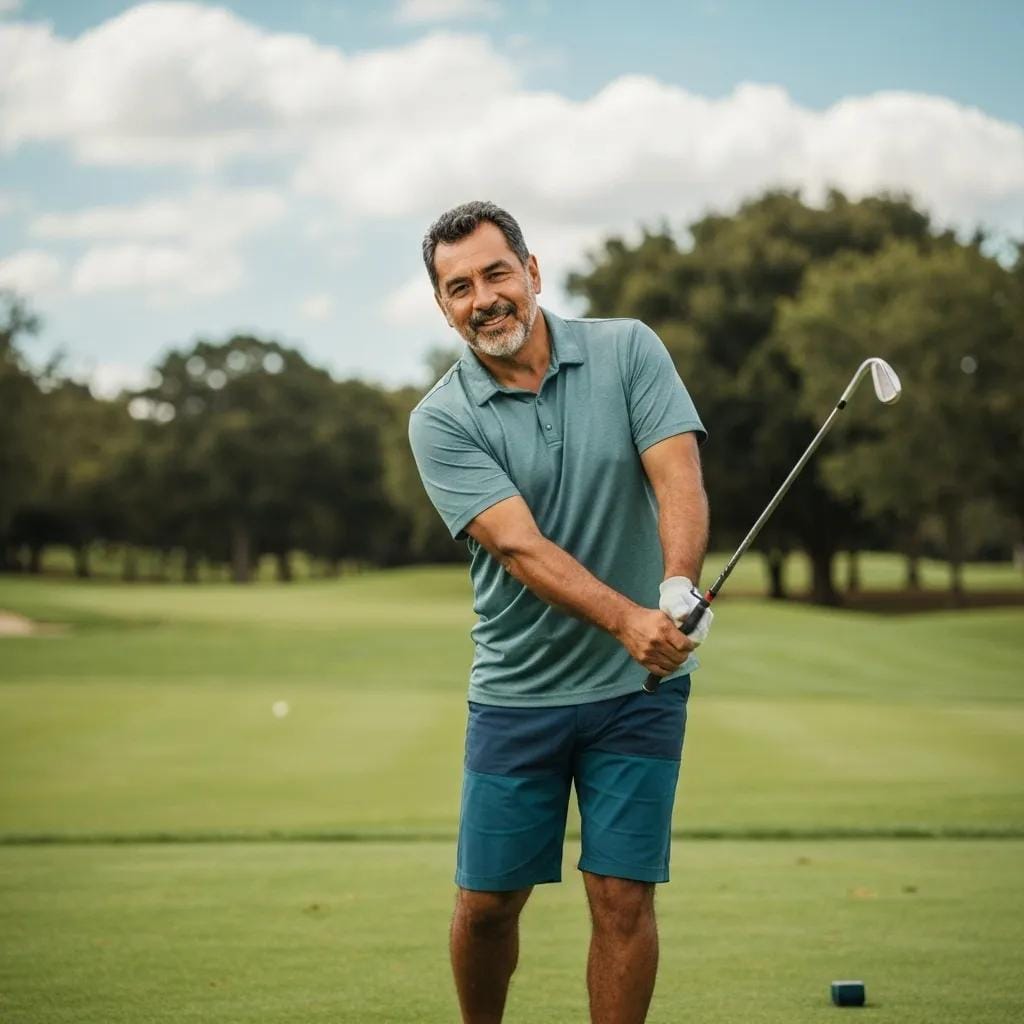 Golfer in waterproof rain gear swinging on a golf course during rain
