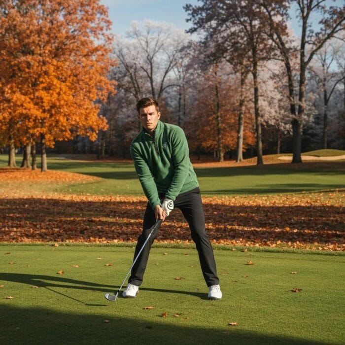 Golfer demonstrating excellent flexibility in a fleece quarter-zip mid layer on the golf course, highlighting its warmth and range of motion