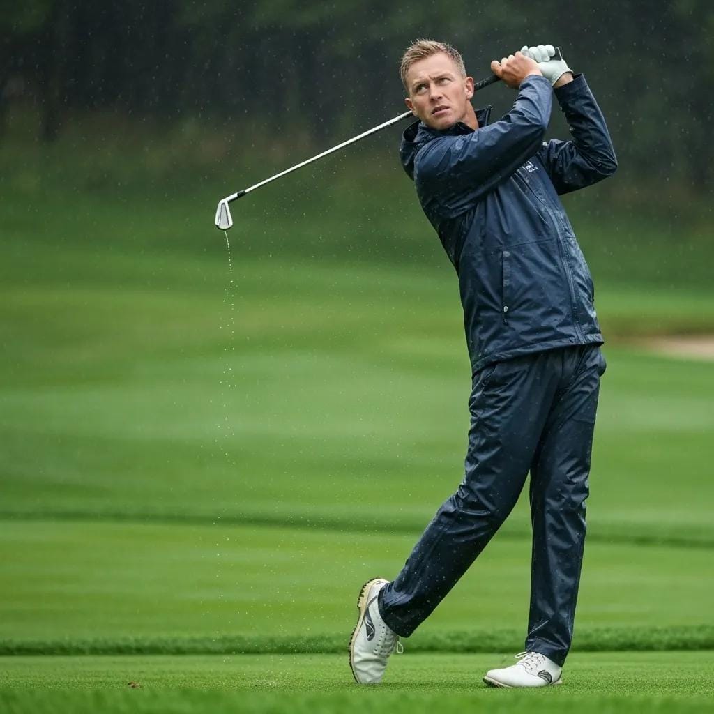 Golfer wearing waterproof pants and a full rain suit, playing through heavy rain on the golf course.