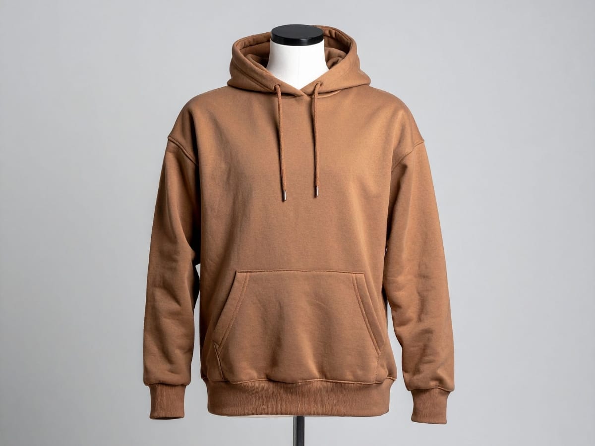 A brown hooded sweatshirt with a front pouch pocket and drawstrings, displayed on a mannequin against a plain gray background—perfect for those seeking the best golf hoodies in classic style and comfort.
